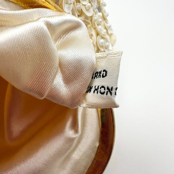 Vtg Ivory Silk Bead Sequin Gold Kiss Lock Coin Purse Wallet Handmade Hong Kong - Picture 5 of 5